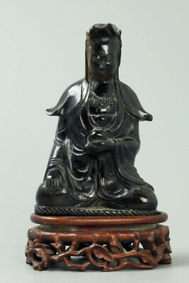  Rare 19th Century Tiger Eye Stone Sculpture of a seated Buddha with wood stand