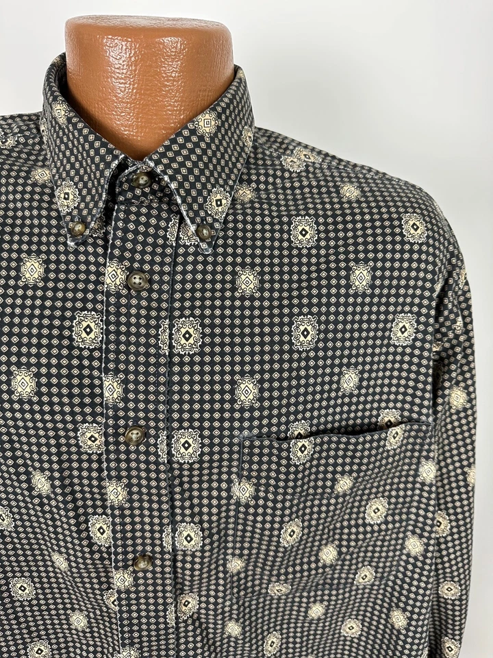 Distressed Medallion Paisley Shirt L Black Beige Long Sleeve Natural Issue FLAWS - Image 2 of 4