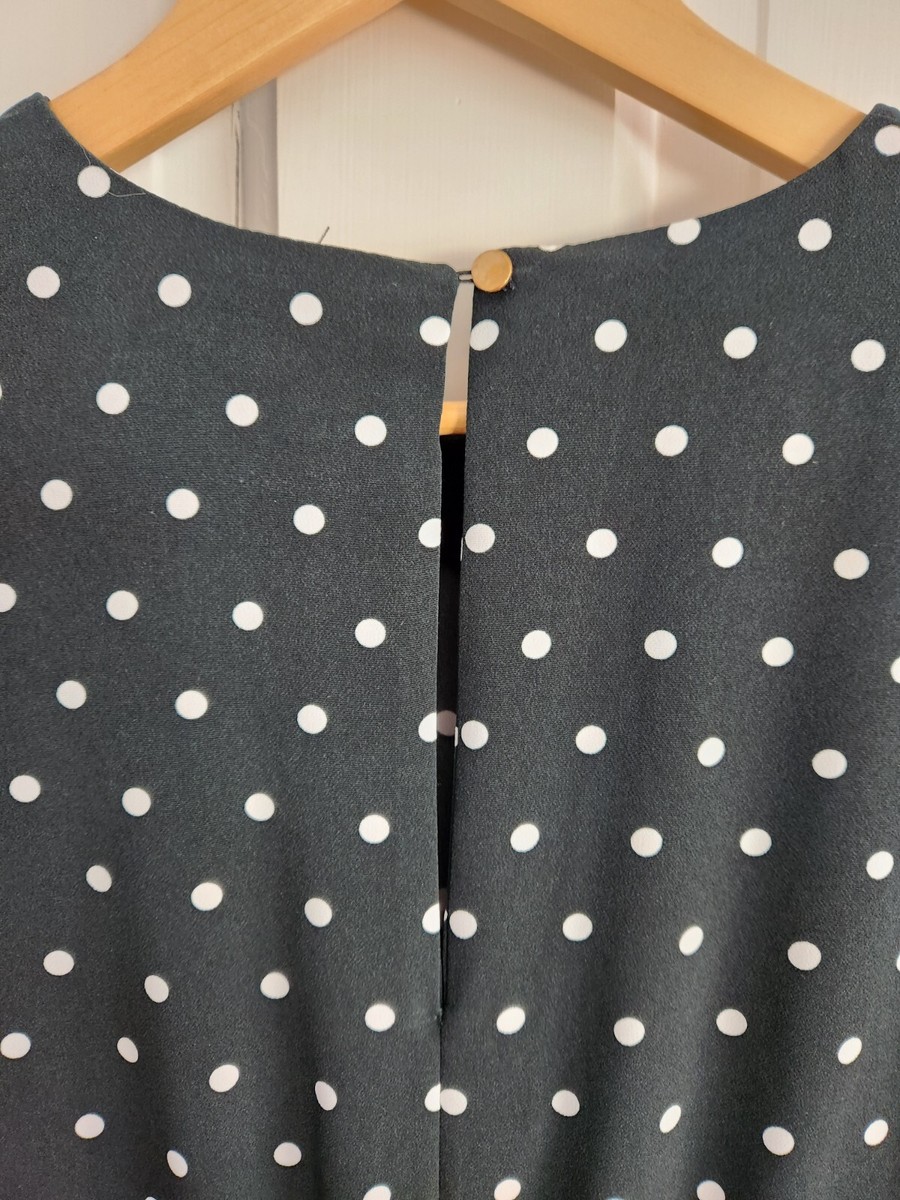 h&m green polka dot dress H&M Dark Green Dress With White Polka Dots Size 8 Long Sleeve Gold Accents