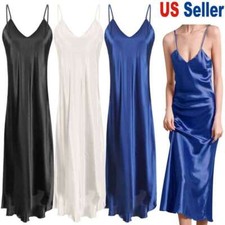 Womens Solid Satin Silk Robe Dress Sleepwear Lingerie Long Nightdress Nightgown