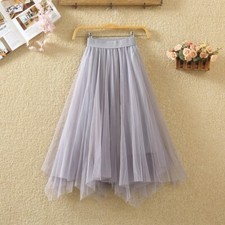 Women Mesh Skirt Tulle Prom Princess Pleated Asymmetric Layered TUTU Midi Party