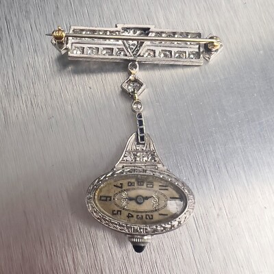 Platinum 900 Diamond Sapphire 14x23mm Oval Brooch Pin Pocket Platinum 900 Diamond Sapphire 14x23mm Oval Brooch Pin Pocket