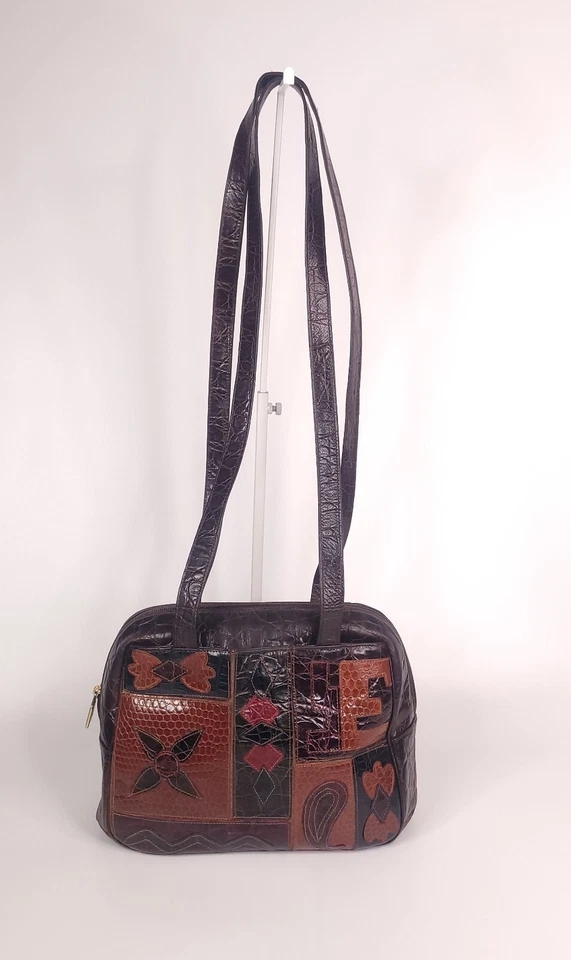 Braccialini Italy Purse Patchwork Leather Crossbody Shoulder Bag Brown See Strap - Image 2 of 4