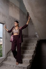 Viral 3 Pc Sequin Crop Top with Blazer Pantsuit Set for Wedding Partywear, Large