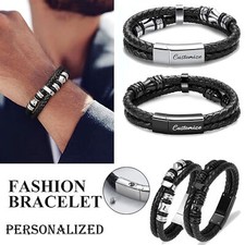 Mens Leather Bracelets Personalized Name Engraved Bracelet Leather Braid Bangle