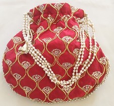 Silk Potli Bag Ethnic Designer Batwa Pearls Handle Wedding Party Purse Clutch