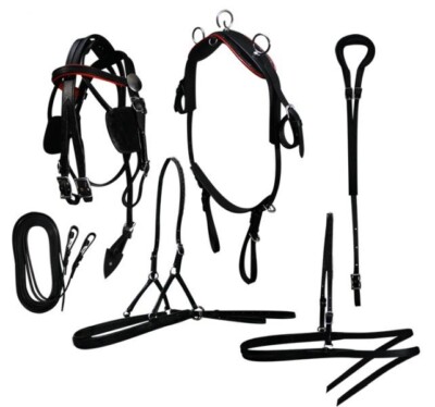 Miniature Horse/Small Pony Leather Driving Harness Set with Red Trim NEW