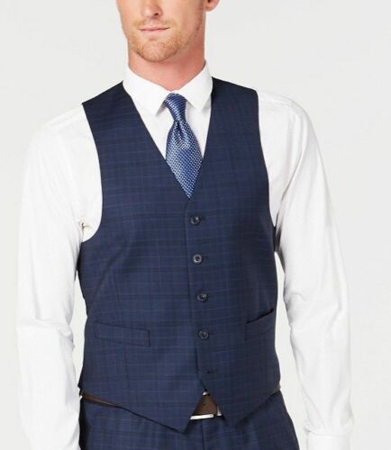 $160 Michael Kors Men Blue Classic Fit 5 Button Wool Plaid Dress Suit Vest 36 S - Picture 1 of 2