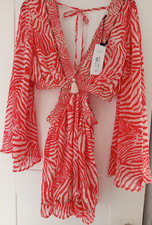 Image of River Island Red White Zebra Print Bell Sleeve Playsuit Tie Detail Size 14