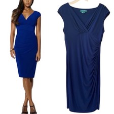 EUC Ralph Lauren Faux Wrap Empire Sheath Jersey Dress Size 10 Bodycon Navy Party