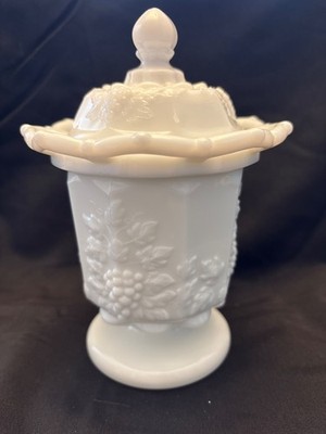 Westmoreland milk, glass cover jar/candy dish with open work top edge