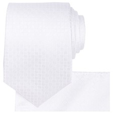 Mens Checkered Tie Set Solid Color Festive Necktie Pocket Square White