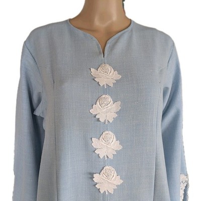 Damen Kaftan Langarm Kleid Caftan Spitze Blumen V-Ausschnitt Gr.L