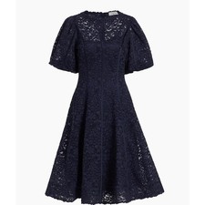 Teri Jon Rickie Freeman Dress 8 Navy Blue Floral Lace Puff Sleeve Midi Event