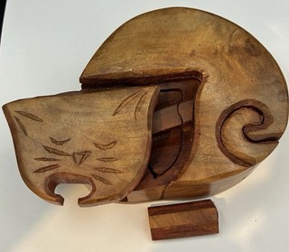 Cat Shaped Wooden Trinket Box Mind Bender Puzzle With 2 Compartments.