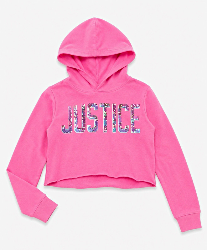 Justice Girls Pink Solid Pullover Hoodie Sequin Logo Graphic Hooded Size 6-7