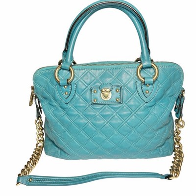 Marc Jacobs Quilted Leather Satchel Teal Blue with Gold Chain Crossbody Strap