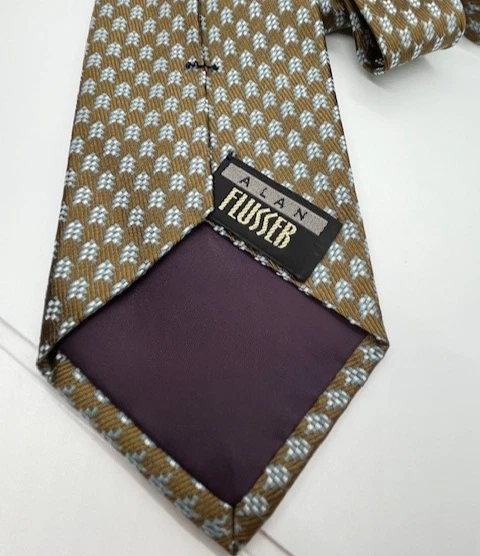 Gravata Alan Flusser 100% seda feita à mão nos EUA tecido marrom/azul geométrico 58"x3.75" - Imagem 4 de 4