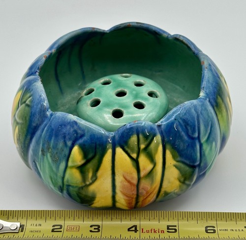 Antique Majolica Jardinière Drip Glaze Planter Flower Pot Floral Frog Ikebana - Picture 3 of 5
