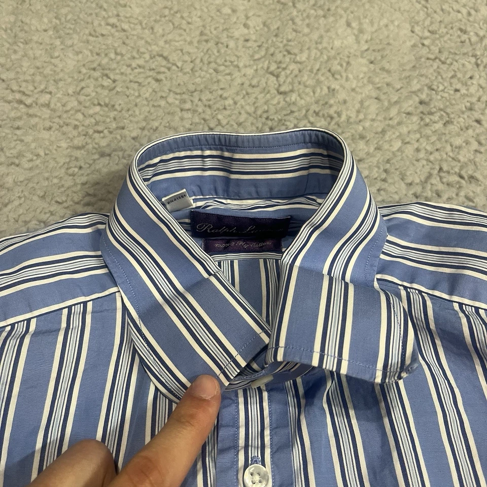 Camisa Ralph Lauren Para Hombres 15.5 Azul Blanco Rayas Púrpura Etiqueta Puño Francés Vestido Foto 4 de 4