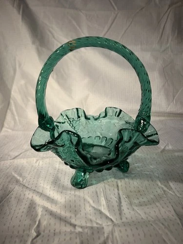 Fenton Glass Basket With Etched Spruce Leaves And Twisted Handle #G