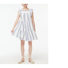 J Crew Striped BABYDOLL Ruffle Sleeve Dress Size 14 Blue White Linen Blend