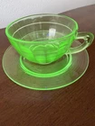 Block Optic Green Uranium Depression Glass Tea Cup & Saucer Set Hocking Glass