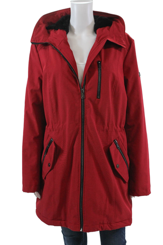Calvin Klein Womens Faux Fur Trim Full Zip Hooded Long Sleeve Coat Red Size L