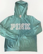Victorias Secret PINK Graphic Hoodie Aqua Zip-up Logo Women s Size Large