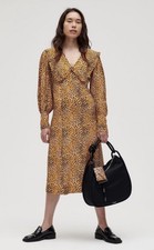 GANNI PRINTED CREPE V-NECK RUFFLE COLLAR DRESS SIZE 32 suit UK 4-6 XXS NEW +TAGS