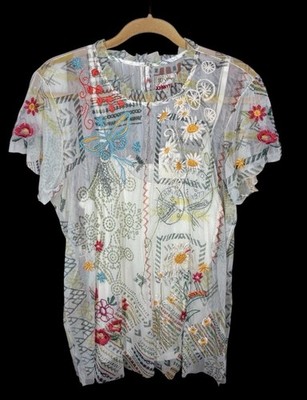 Johnny Was L Large Merida Ruffle Neck Blouse Mesh Floral Embroidered Top Slip