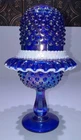 Fenton Blue Carnival Glass Hobnail Snow Crest 3 Piece Pedestal Fairy Lamp-9"
