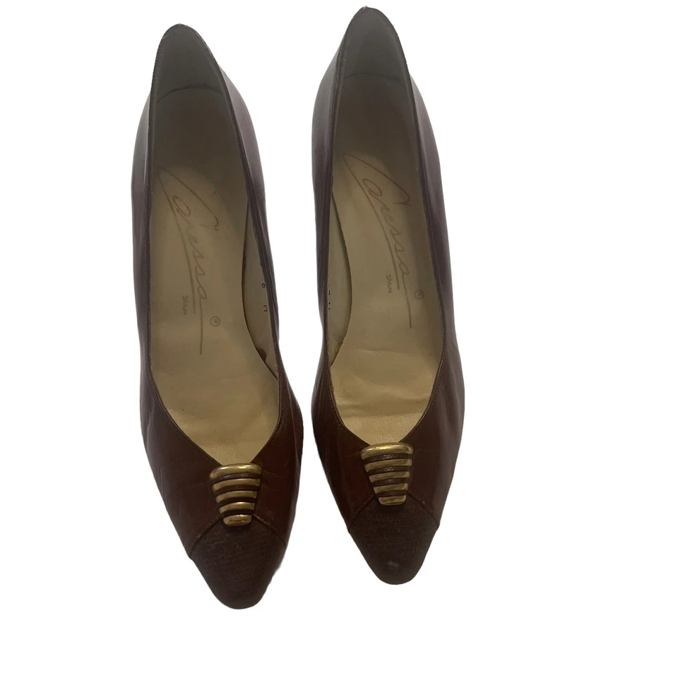 Caressa 复古女式 6 M 码西班牙制造棕色职业皮革高跟鞋 — 第 2/4 张图片