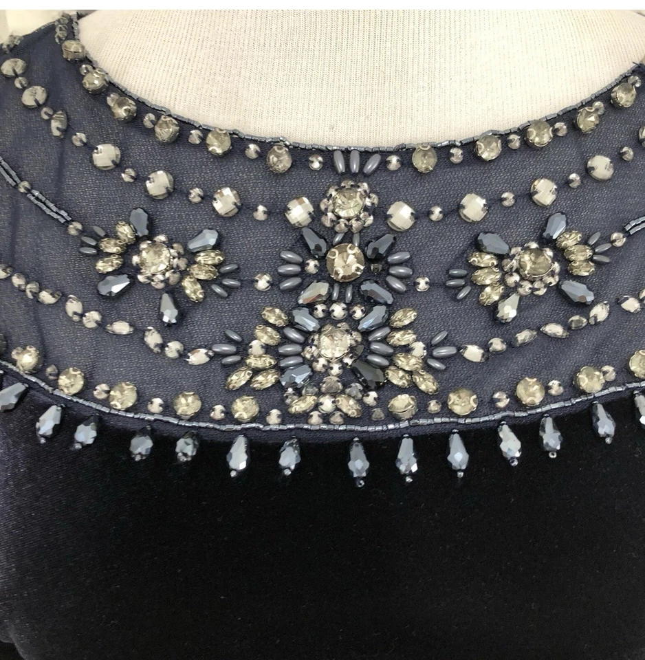 Adrianna Papell Navy Blue Velvet Evening Gown with Embellished Neckline Size 4 - Image 3 of 4