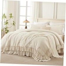 Andency Juego de edred n con volantes de 3 Completo 79 x 90 pulg. Beige