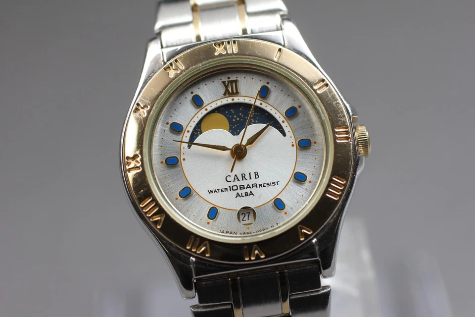 Vintage 2000 N MINT Seiko Alba Carib V894-0120 Moonphase Qz Womens Watch JAPAN - image 4 of 4