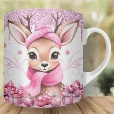 Cute Pink Reindeer - Holiday Ceramic Coffee Mug - 15oz Cup