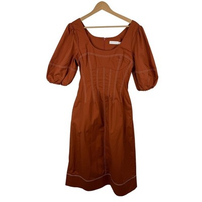 Jonathan Simkhai Lena Puff Sleeve Cotton Blend Corset Midi Dress Size 8 Rust