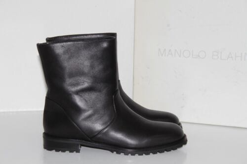 sz 7 / 37.5 Manolo Blahnik Motosa Black Calf Leather Ankle Bootie Pull on Shoe - Picture 1 of 12