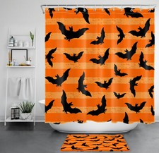 Spooky Black Bat Orange Striped Halloween Shower Curtain Set for Bathroom Decor