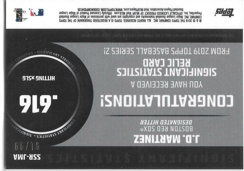 2019 Topps BB S2 Significant Statistics Relics Black J.D. Martinez 91/99 Red Sox - Image 2 of 2