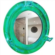 12" Aluminum Porthole Mirror - Green and Blue Finish - Nautical Ship Decor Gift