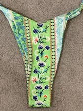 String Bikini Tankini Swimsuit Bottom Women Sz M/L Green Floral Mini Ribbed NWOT