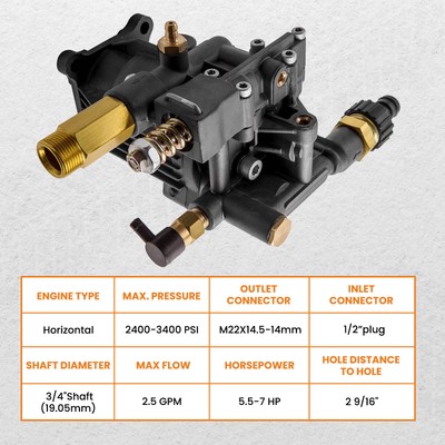 3400 PSI High Pressure Washer Pump 3/4 Horizontal Shaft Replacement - 2.5 GPM For 5.5-7HP Engines