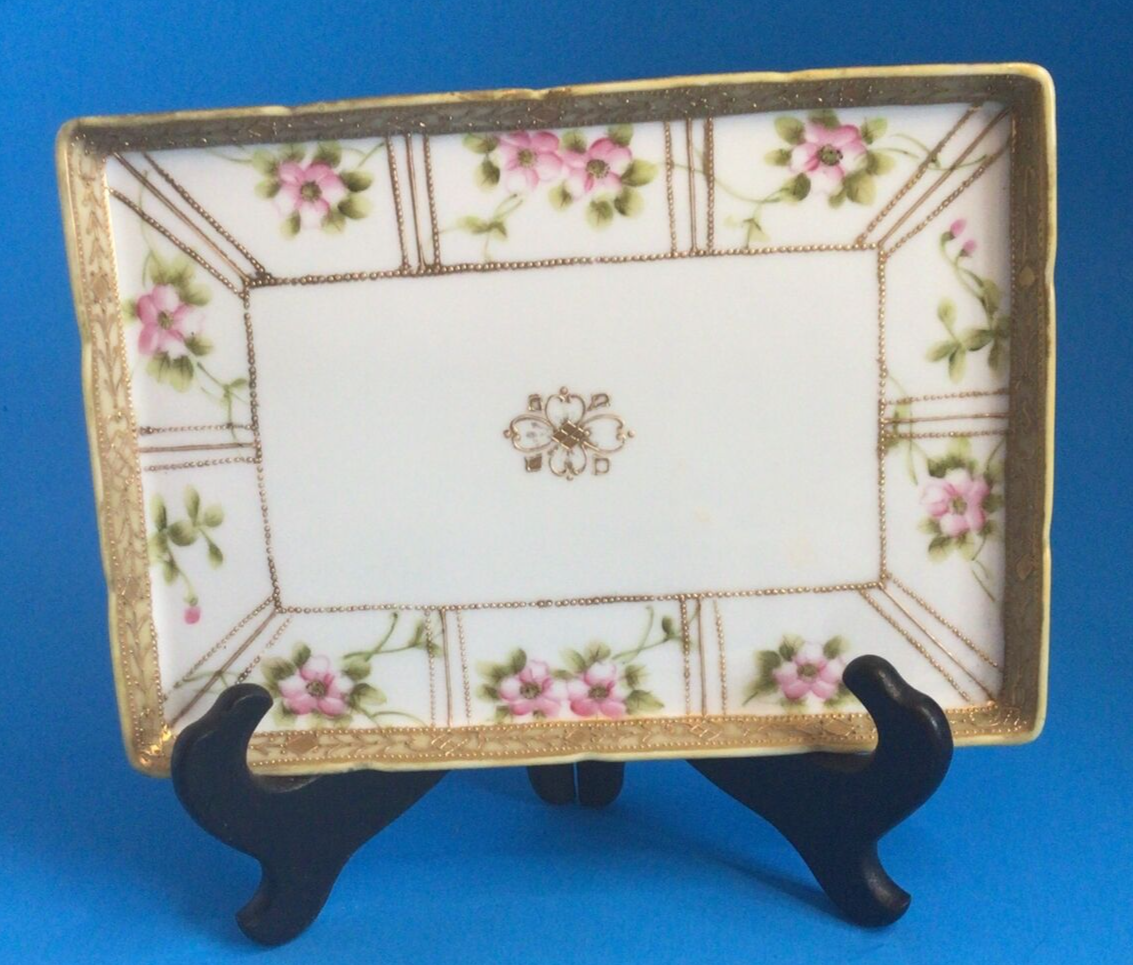 Nippon Morimura Hand Painted Pink Floral & Gold Beaded 8” Inch Antique