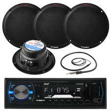 PLMR605B Black 6.5" 400W Speakers, Antenna, Pyle Black Marine USB AM FM Radio