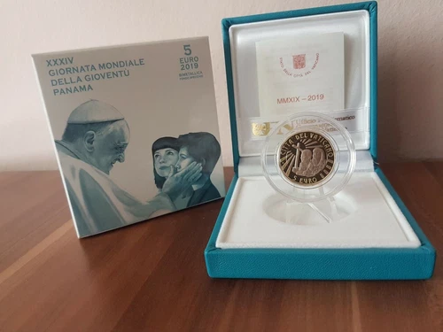 Vatican 5 Euro 2019 - Youth Day Panama PROOF Box Certified Bimetalic