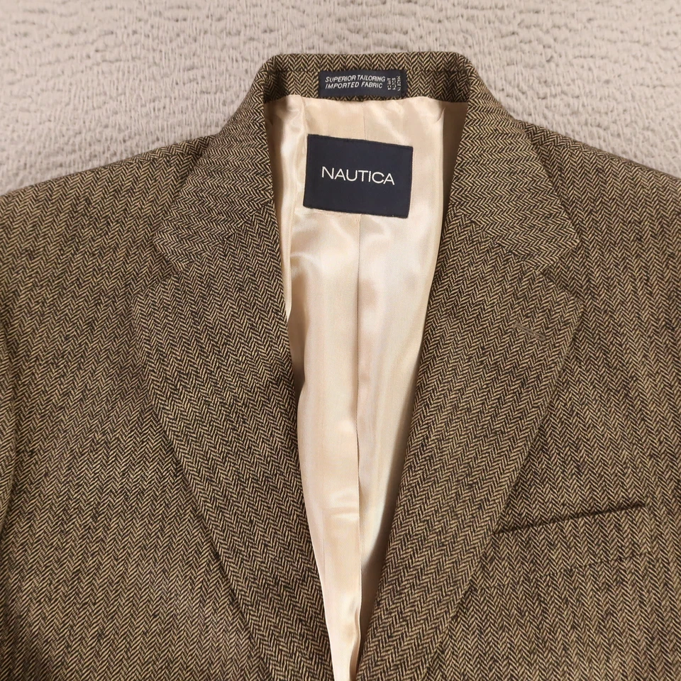 Винтажный Твидовый жакет M бежевый черный узкая елочка шерсти блейзер Nautica 42S - Изображение 2 из 4