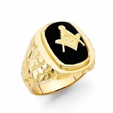 14K Yellow Gold Men's Black Onyx Masonic Freemason Ring Band Nugget Fashion