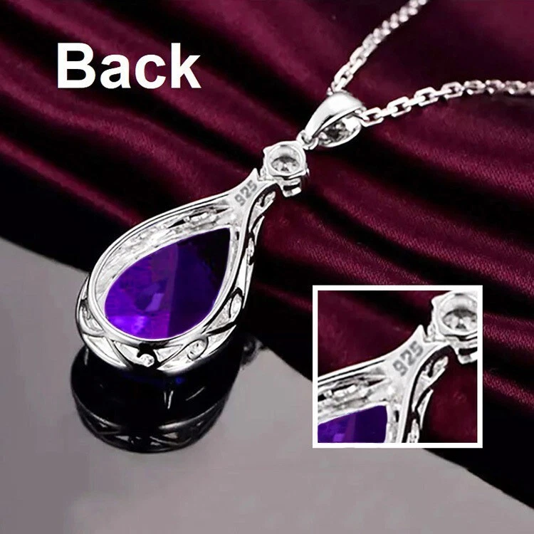 925纯银女式18英寸优雅紫水晶宝石吊坠项链D348 — 第 2/4 张图片